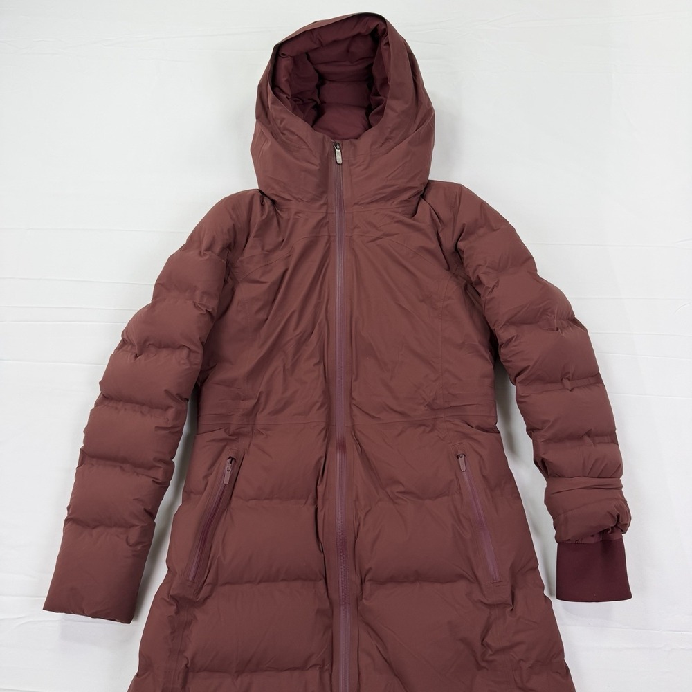 Lululemon Long Puffer Coat Women's 6 Burgundy Goose Down Hooded Winter Parka - Picture 6 of 16